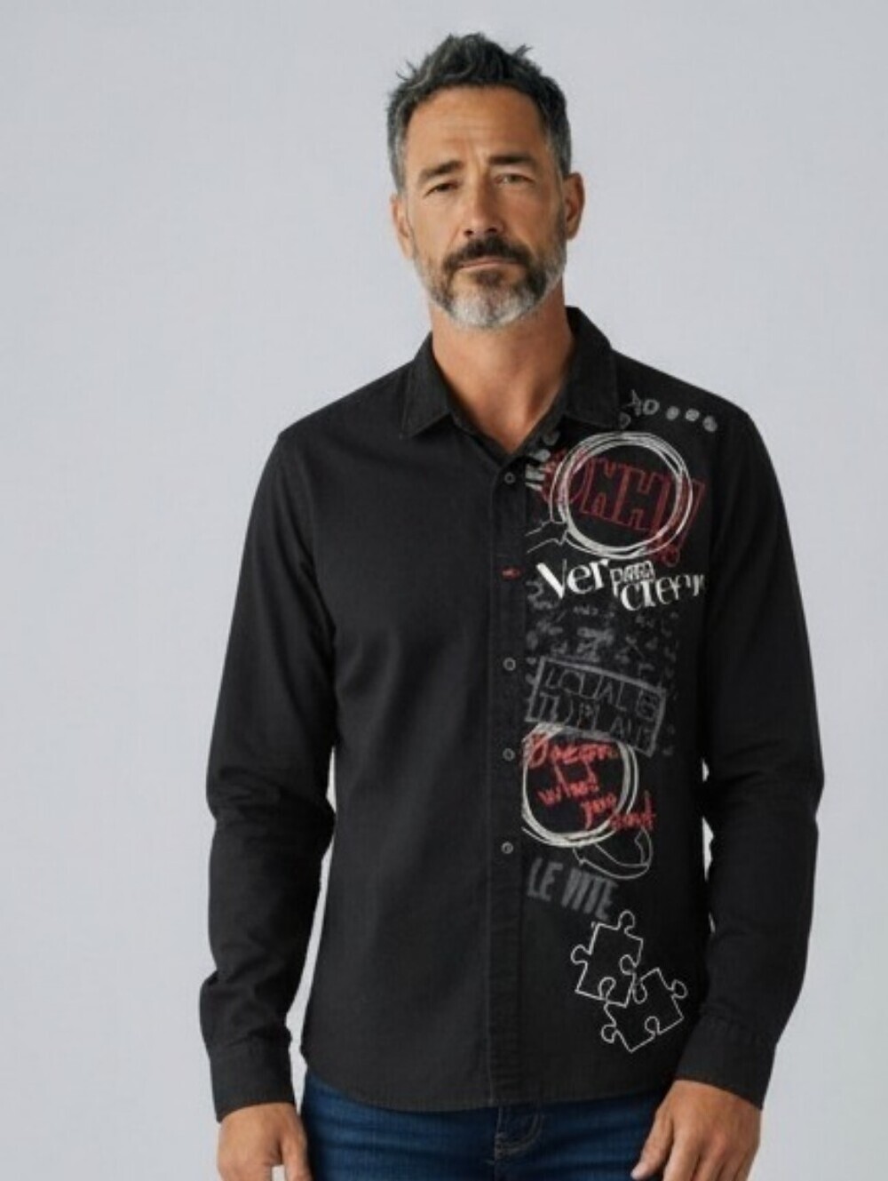 Desigual Men's Black Shirt Multi-Color Long Sleeves Hand Painted Graphics XXL